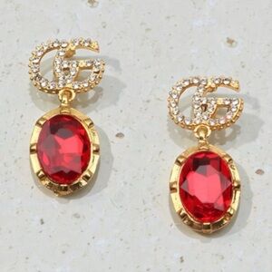 RED AND GOLD DROP EARRINGS W RHINESTONE GG IN DESIGNER POUCH.